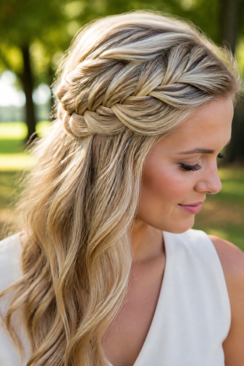 Close-up of blonde woman with a side-swept braid half-up hairstyle.