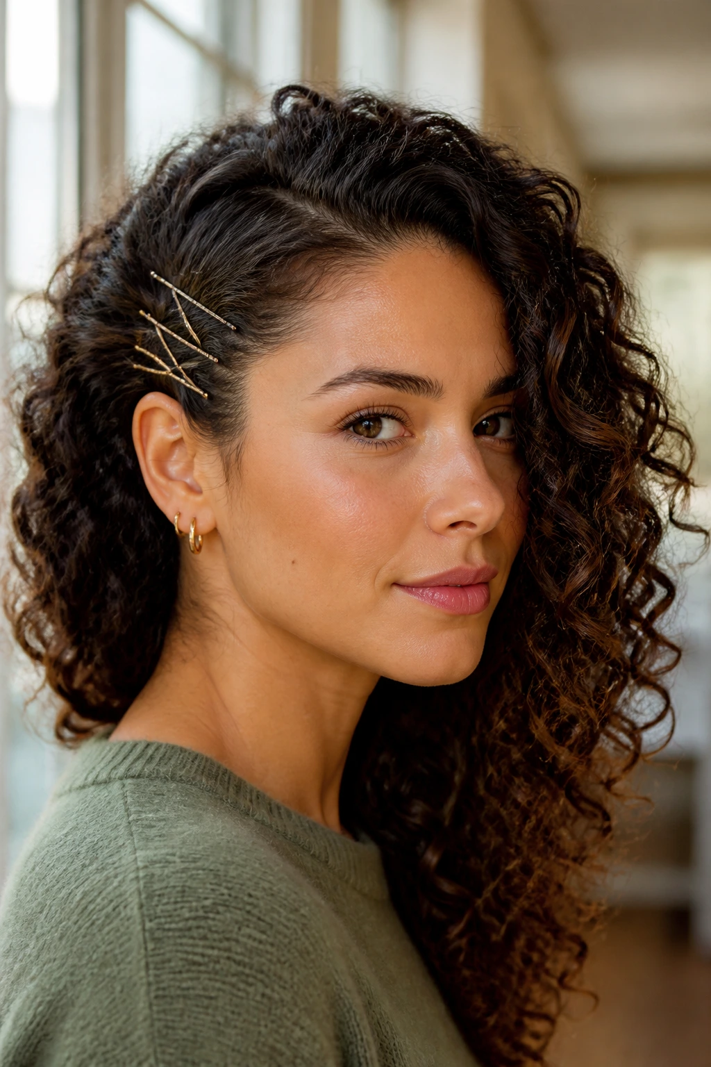 Close-up of a real woman with a side-swept clip-back hairstyle pinned behind the ear