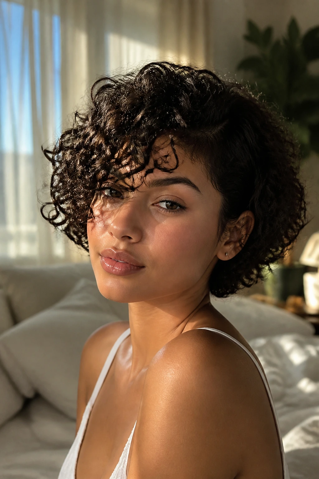 Medium close-up of a woman with side-swept curly bangs