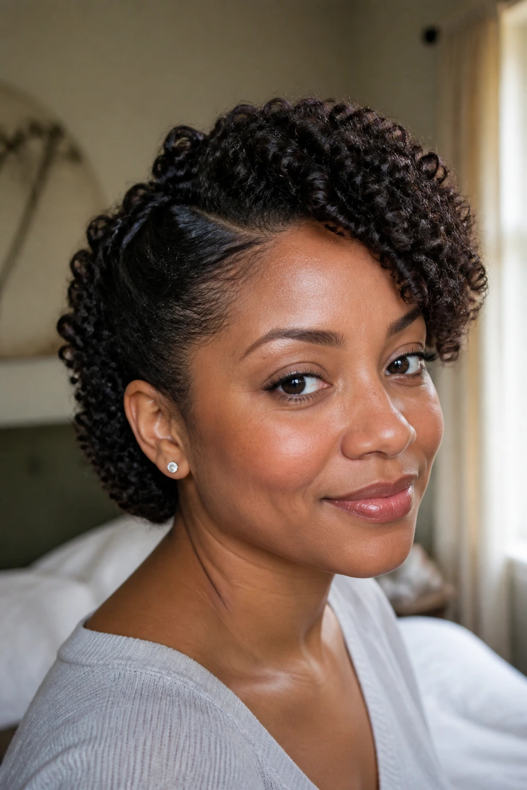 Close-up portrait of a real woman with a side-swept curly roll tuck, front arc visible in warm natural light.