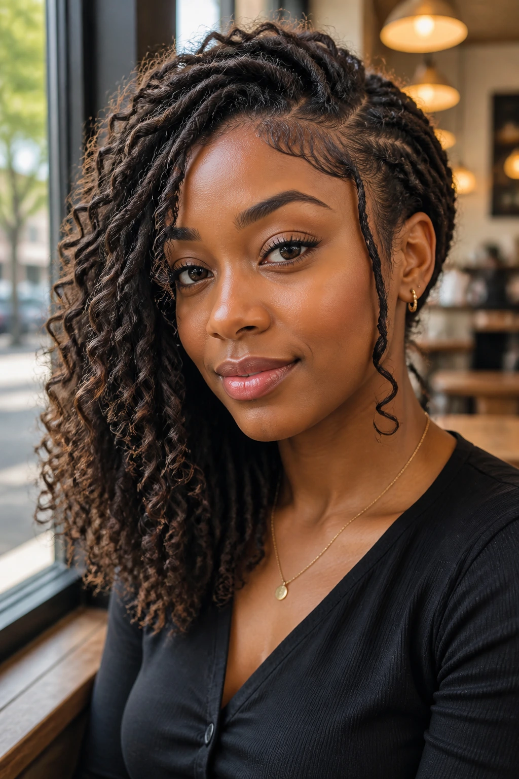 Close-up portrait of a real person with a side-swept curly loc curtain across the forehead