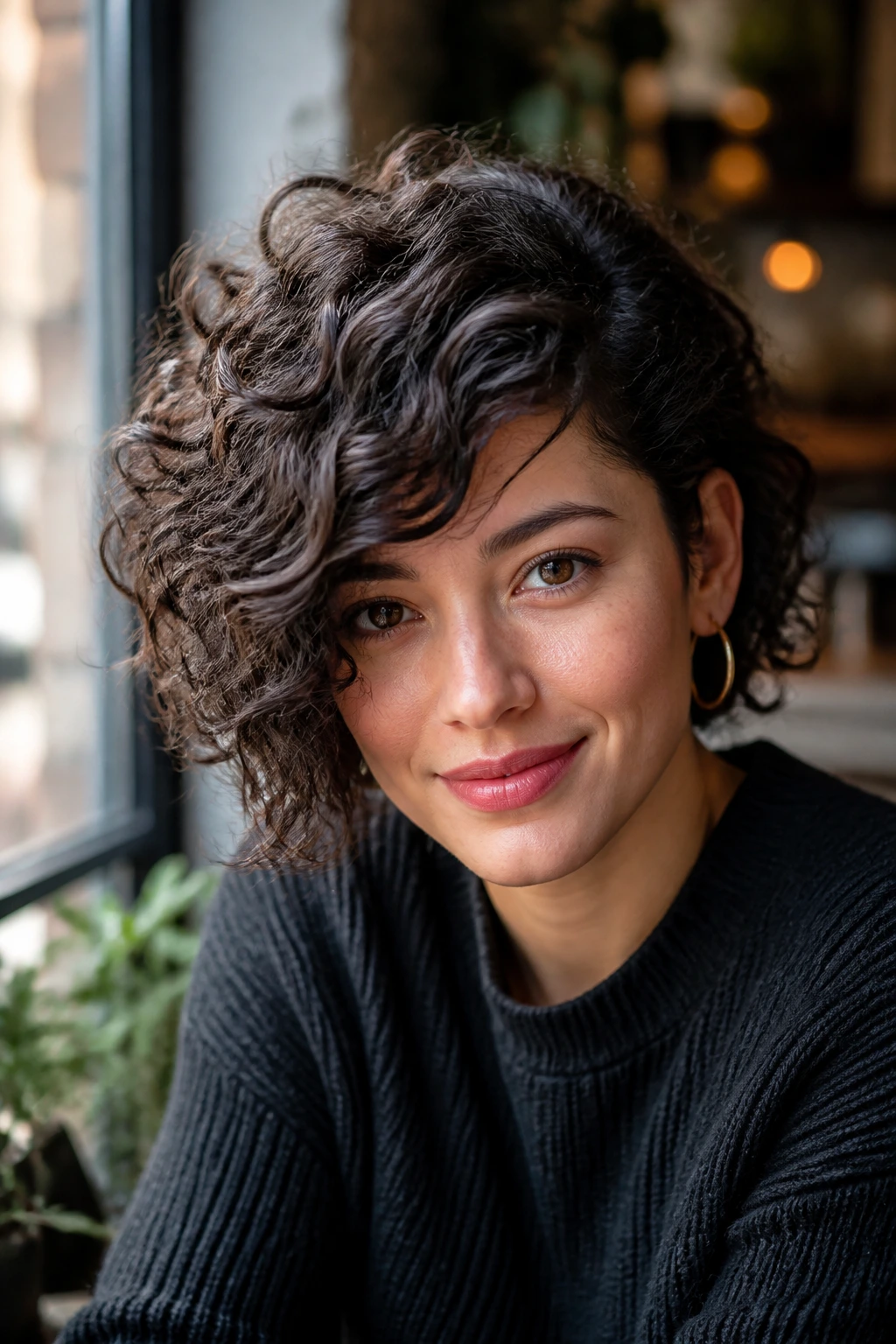 Close-up portrait of a real person with a side-swept curly layered cut.