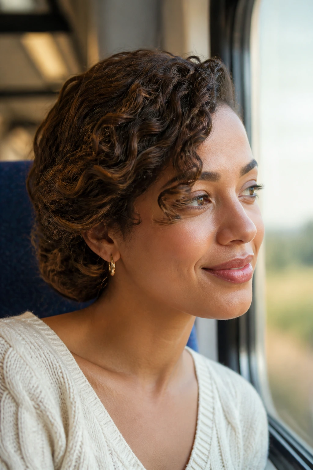 Close-up of a real person with side-swept roll and tuck hairstyle on curly bob-length hair in a train setting