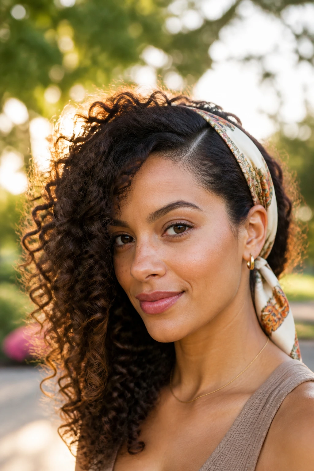 Close-up of a real woman with a side-swept scarf and defined part