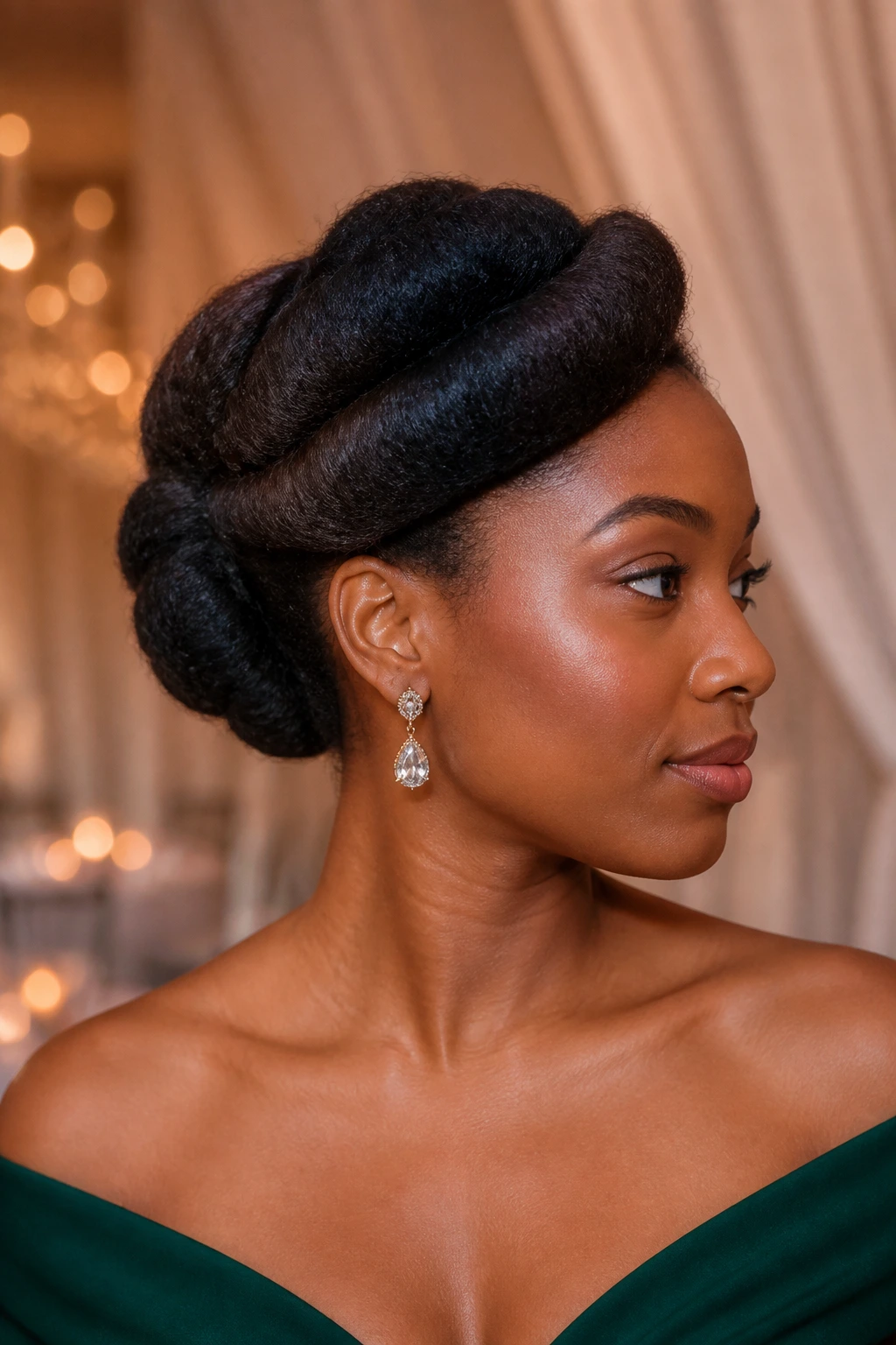 Portrait of a woman with a side-swept tucked roll in an elegant venue