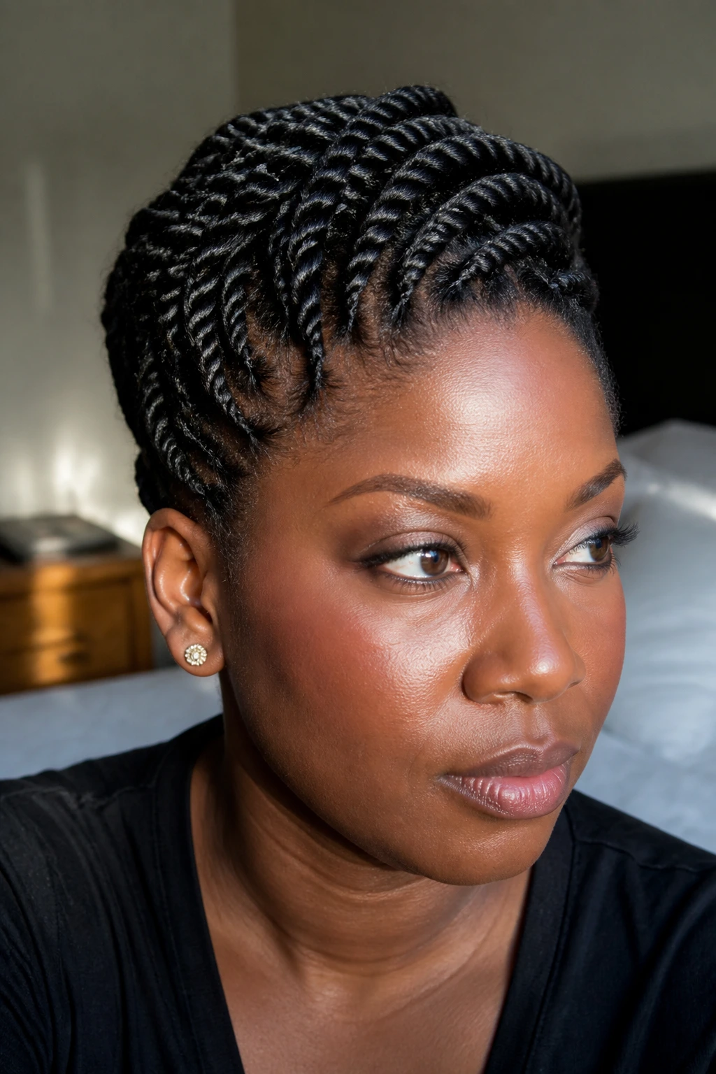 Close-up portrait of a real woman with a side-swept flat twist updo.