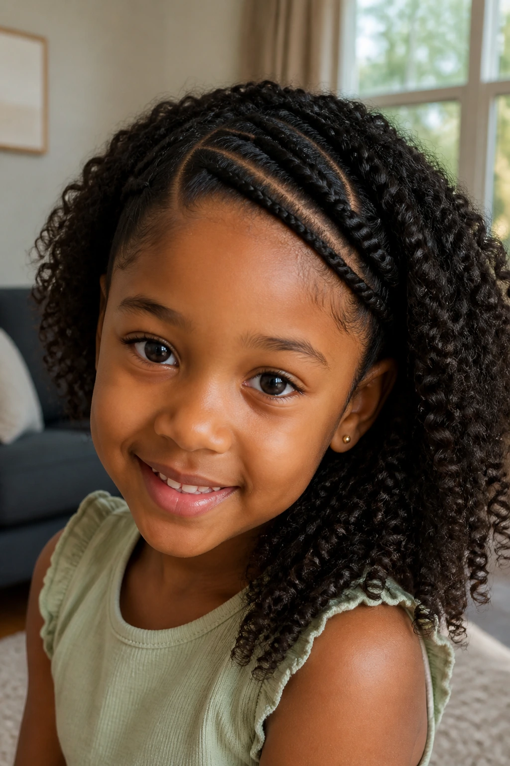 Front view of side-swept flat twists across the hairline on a child.
