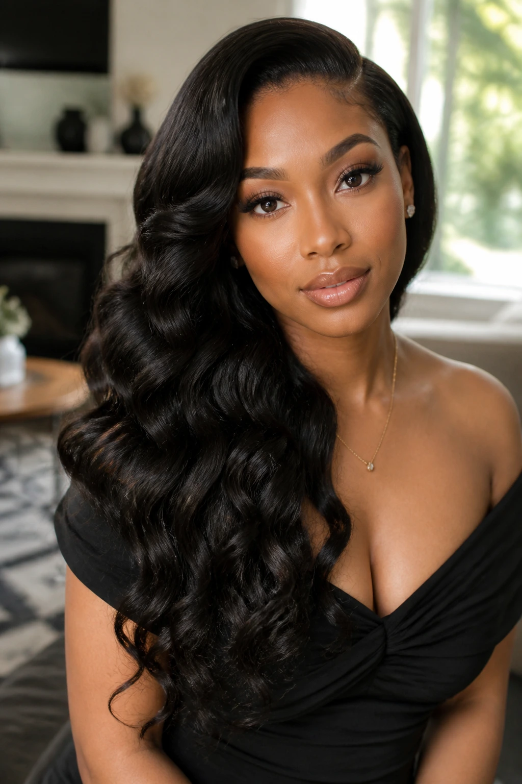 Close-up of a real woman with side-swept Hollywood waves framing her face.