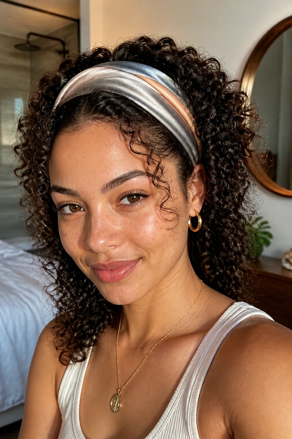 Close-up of a real woman with a wide silk headband sweeping curls across the crown