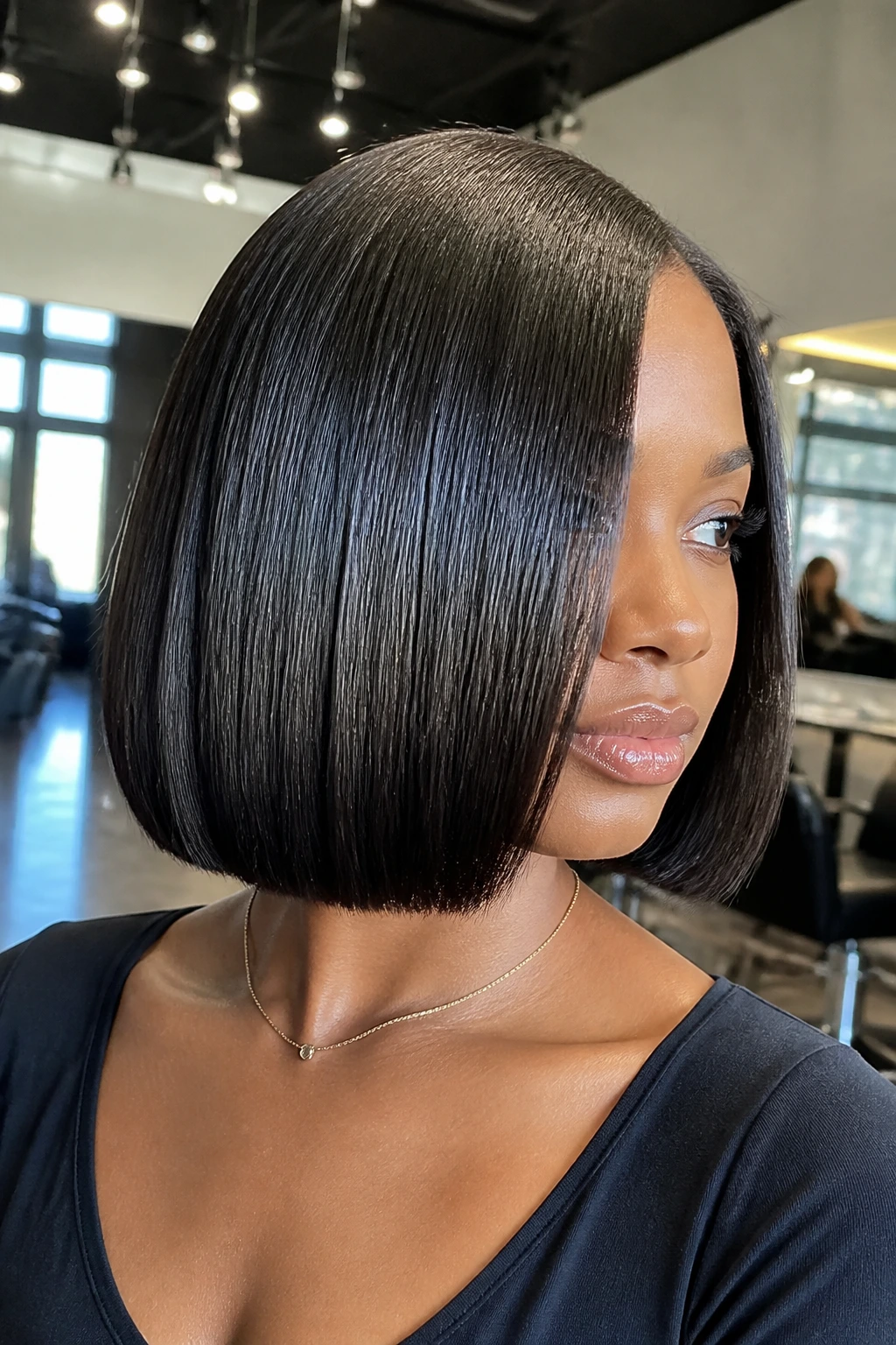 Real person with silk-press bob showing glassy finish in salon