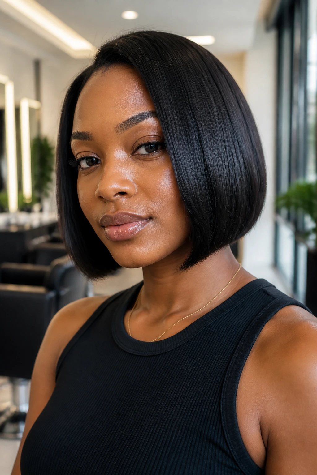 Close-up of a real Black woman with a sleek silk-pressed bob at a modern salon