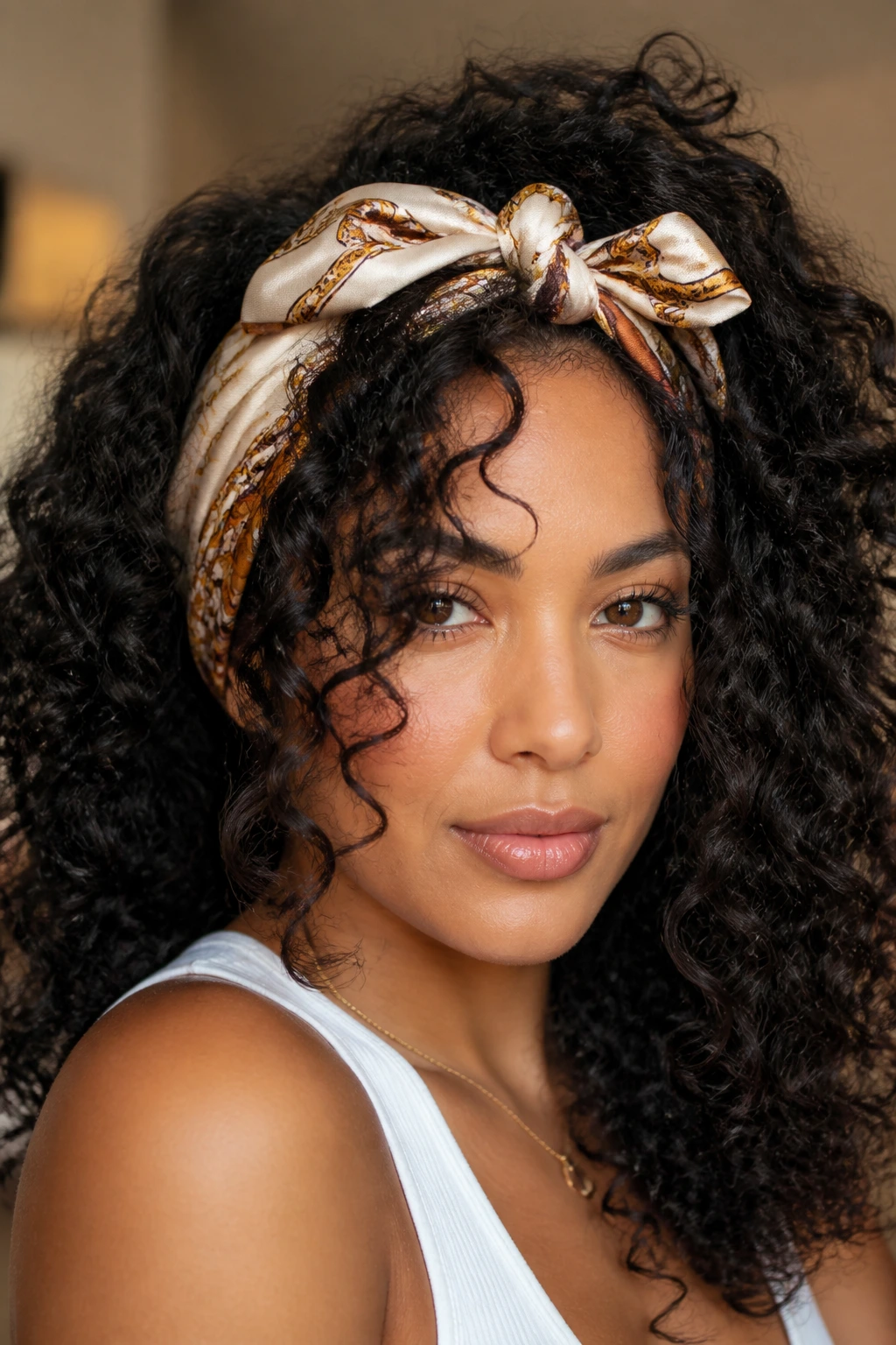 Close-up of a real person wearing a silk scarf wrapped at the hairline with curls left out