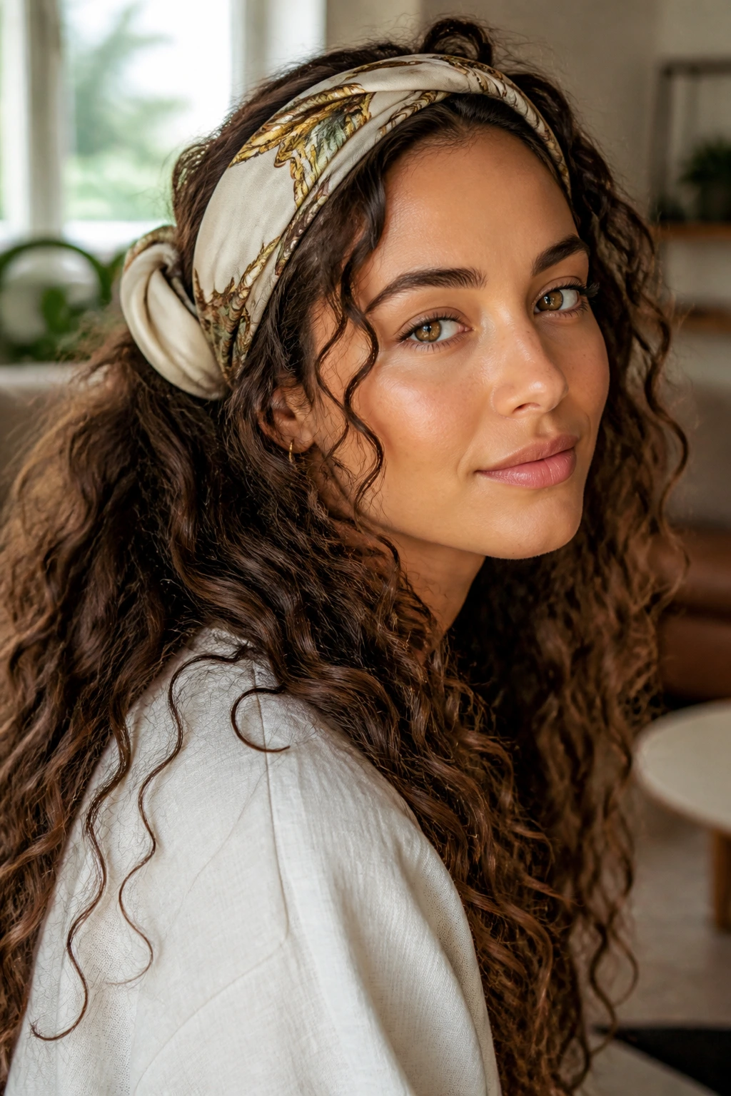 Close-up of a real woman with a silk scarf tied at the hairline