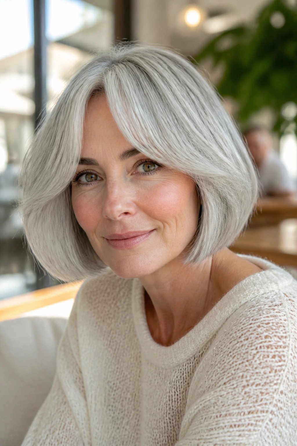 Close-up portrait of a real woman with a silver bob and curtain bangs