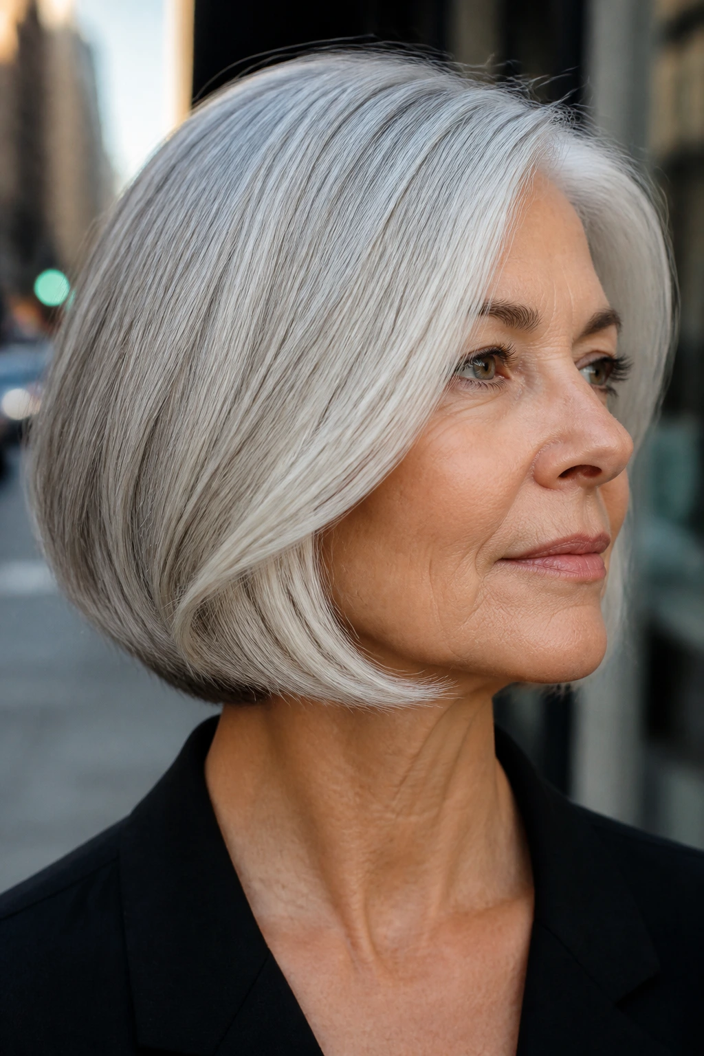 Real woman with a silver bob highlighting gray hair in daylight.