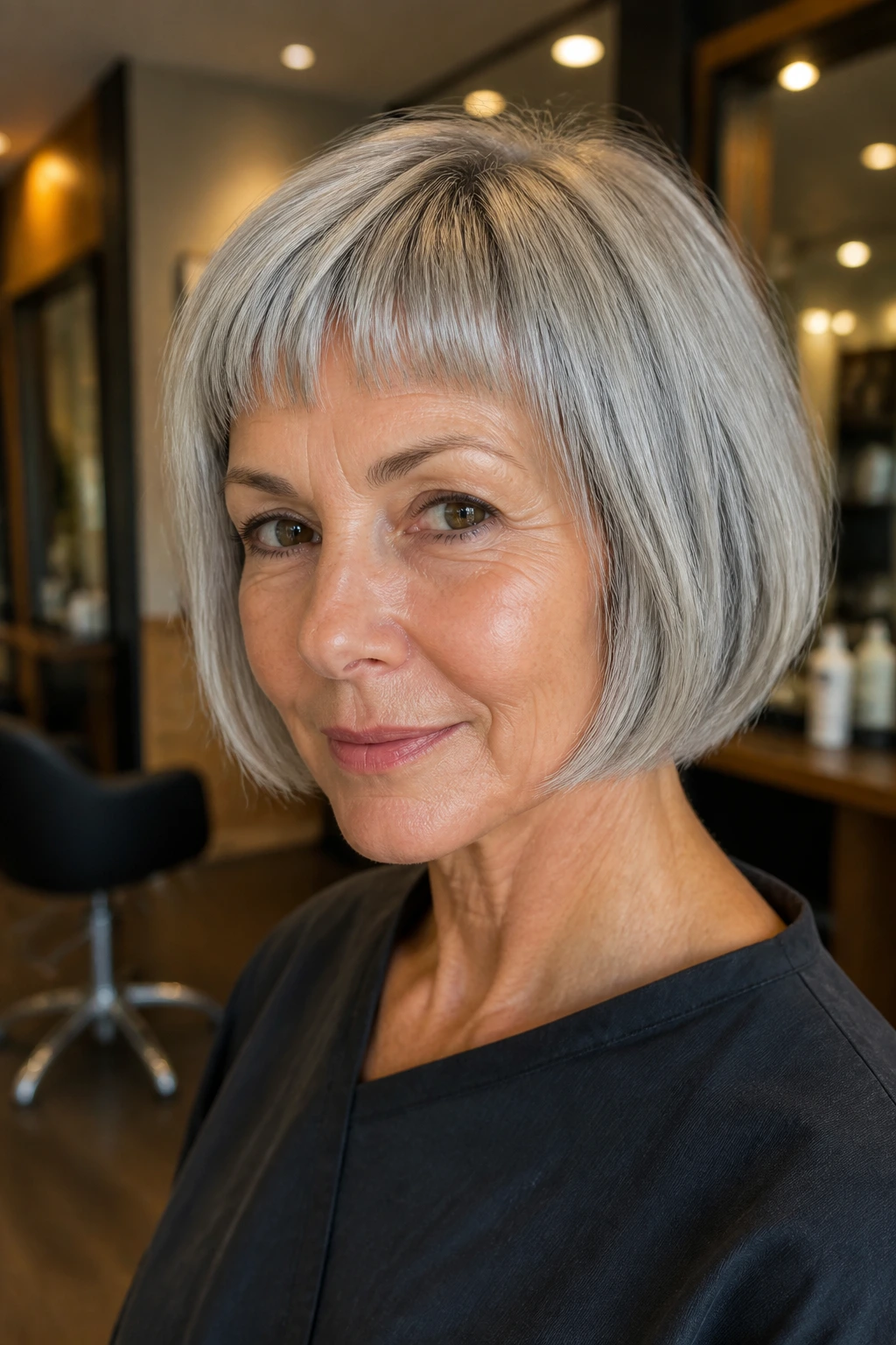 Close-up portrait of a real woman with a silver French bob and micro fringe
