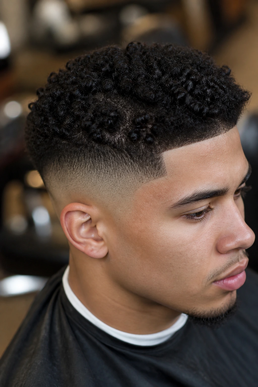Portrait of a real person with skin fade curly undercut and short coils