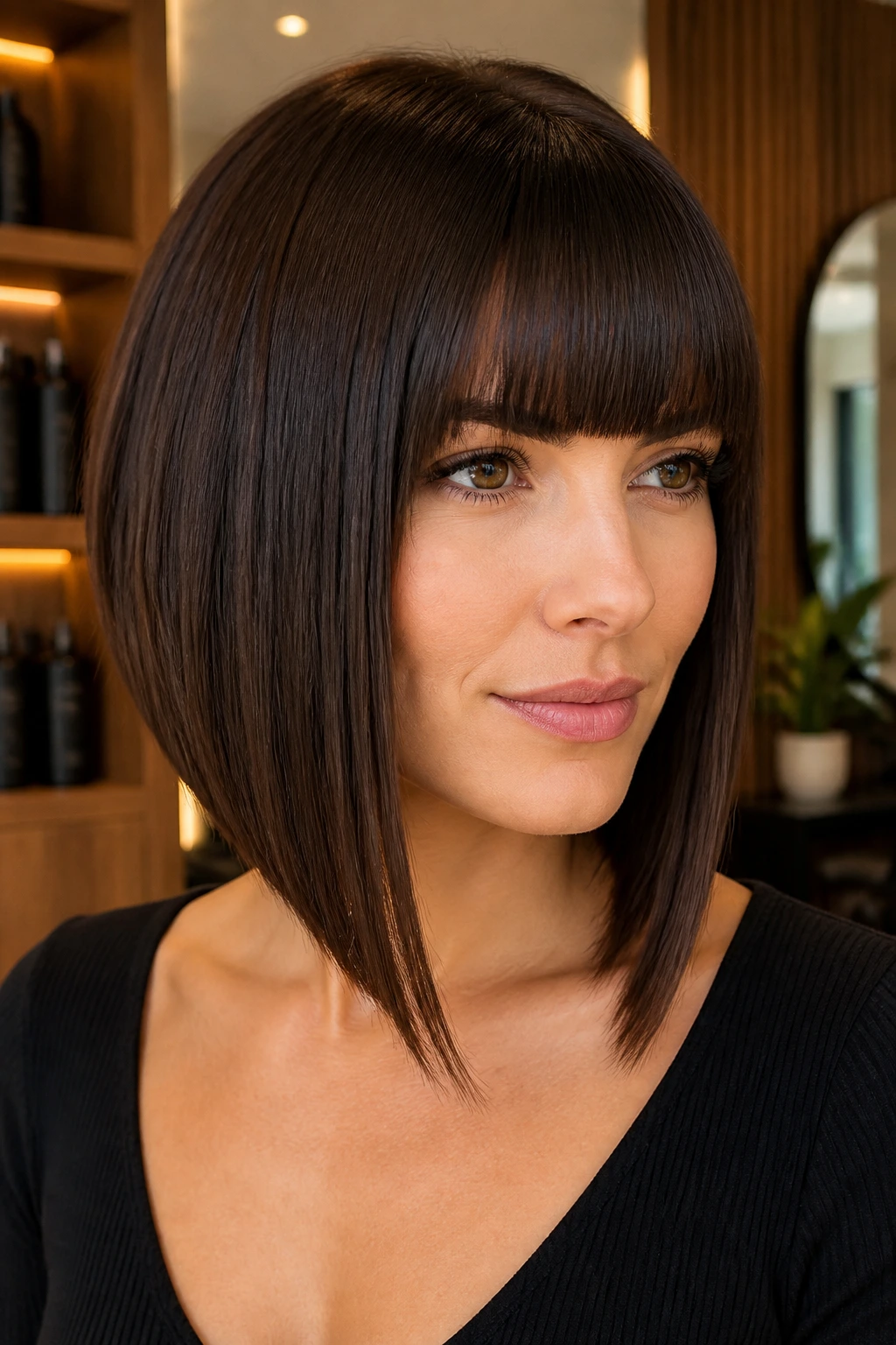 Portrait of a real person with sleek angled lob and blunt bangs in a warm salon setting