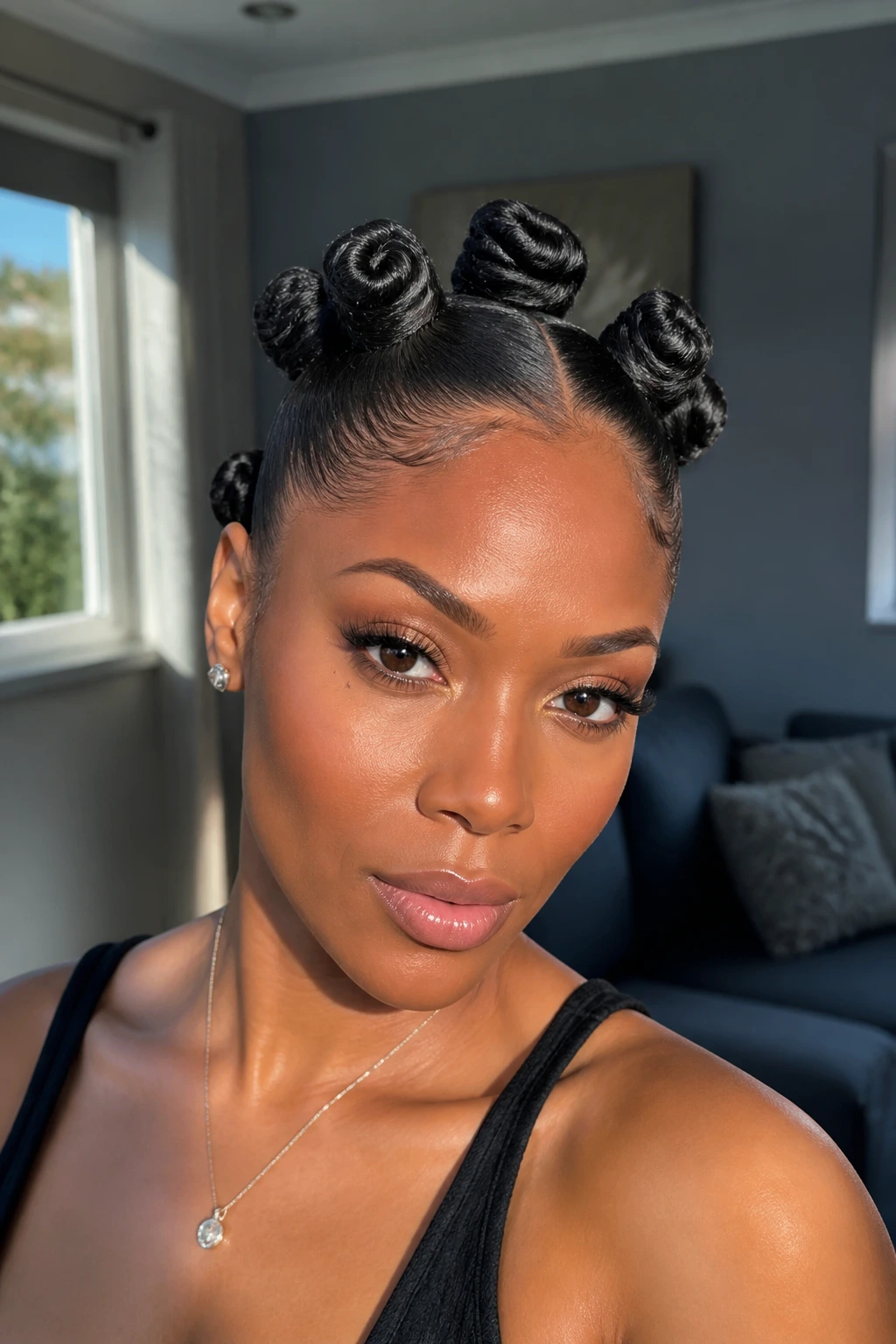 Portrait of a real person with sleek back-swept Bantu knots, front hairline smoothed back.