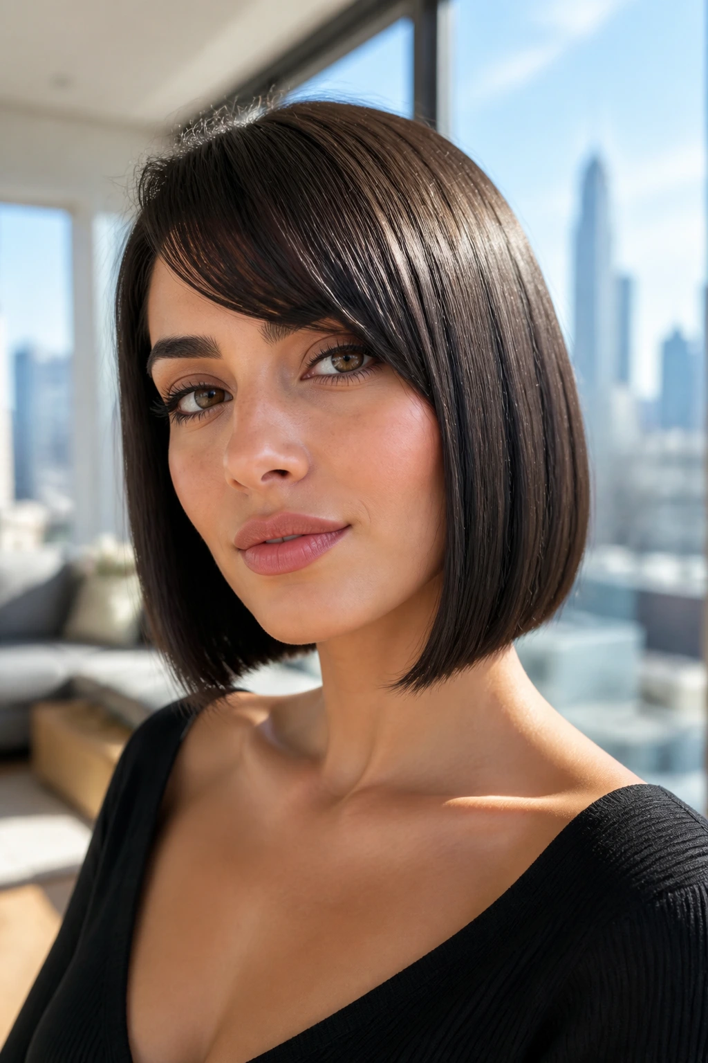 Close-up portrait of a real woman with a sleek glass bob and side-swept bangs, glossy straight hair.
