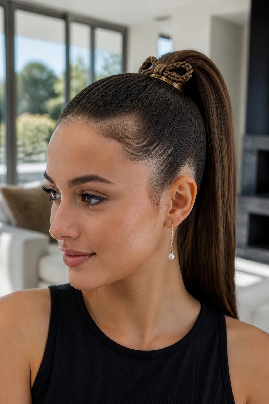 Close-up portrait of a real woman with a small butterfly braid on a sleek ponytail in bright natural light