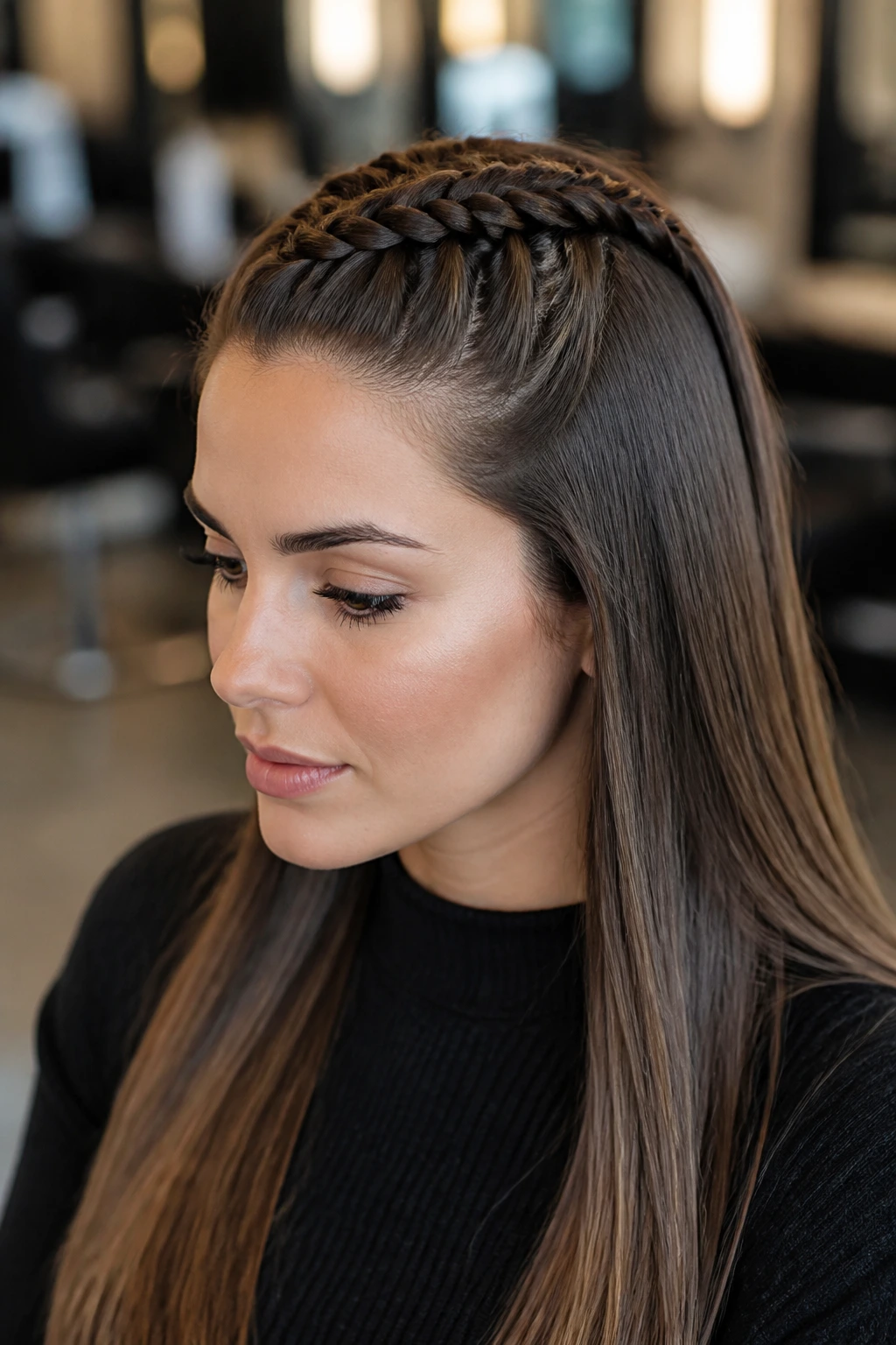 Close-up of a real woman with a sleek Dutch braid along the scalp