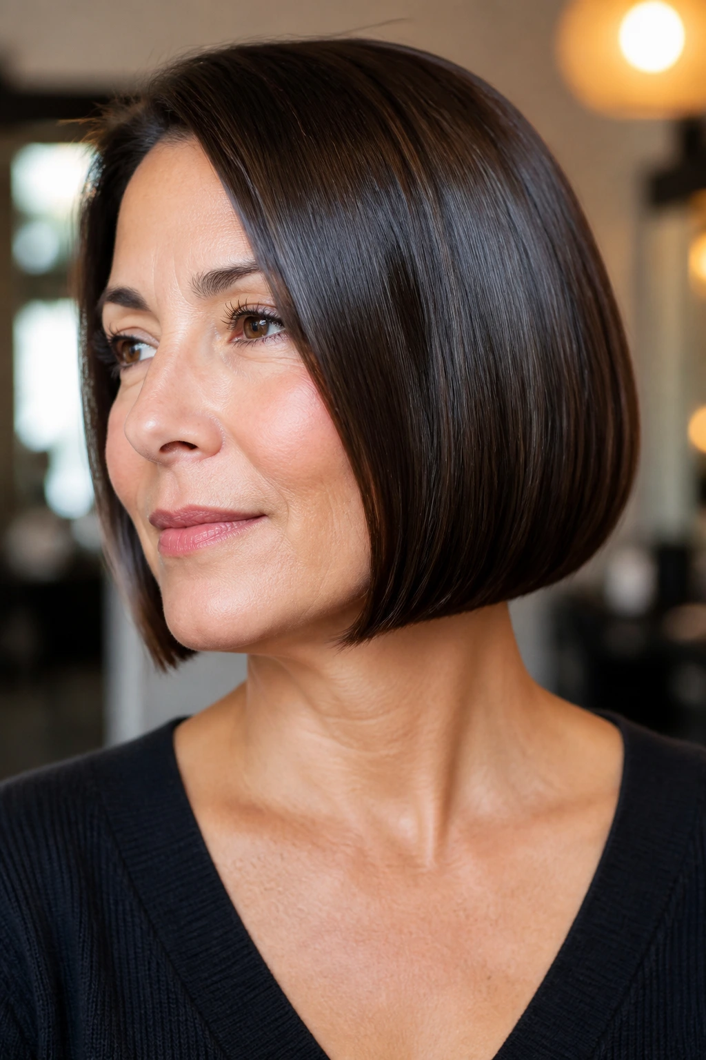 Close-up portrait of a real woman with sleek, glassy blunt bob and tucked-under ends