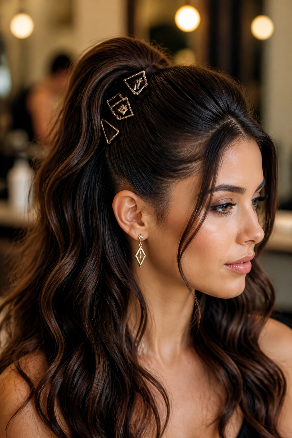 Close-up of a woman with a sleek geometric half ponytail and pins
