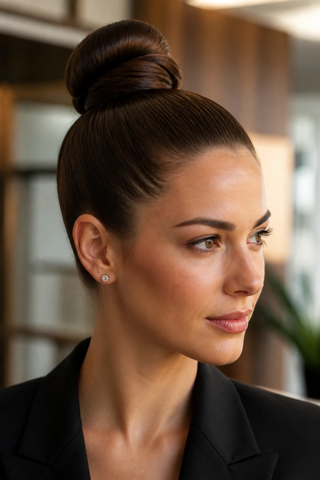 Close-up of a woman with a sleek high bun in natural light