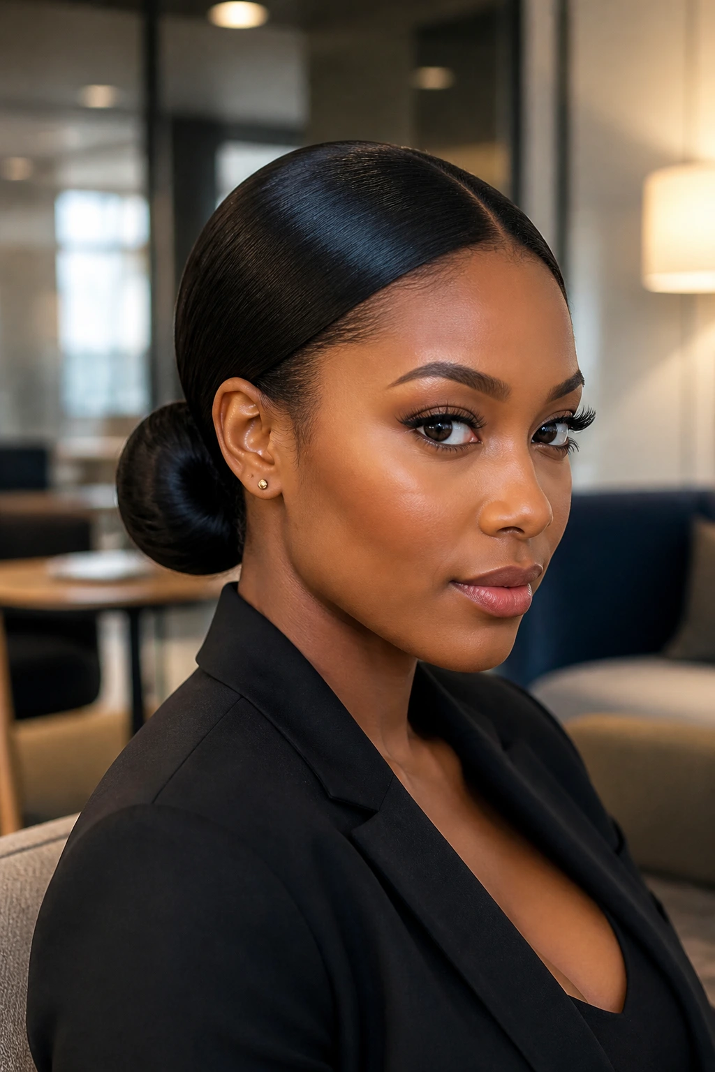 Close-up of a real woman with a sleek low bun at the nape under soft natural light