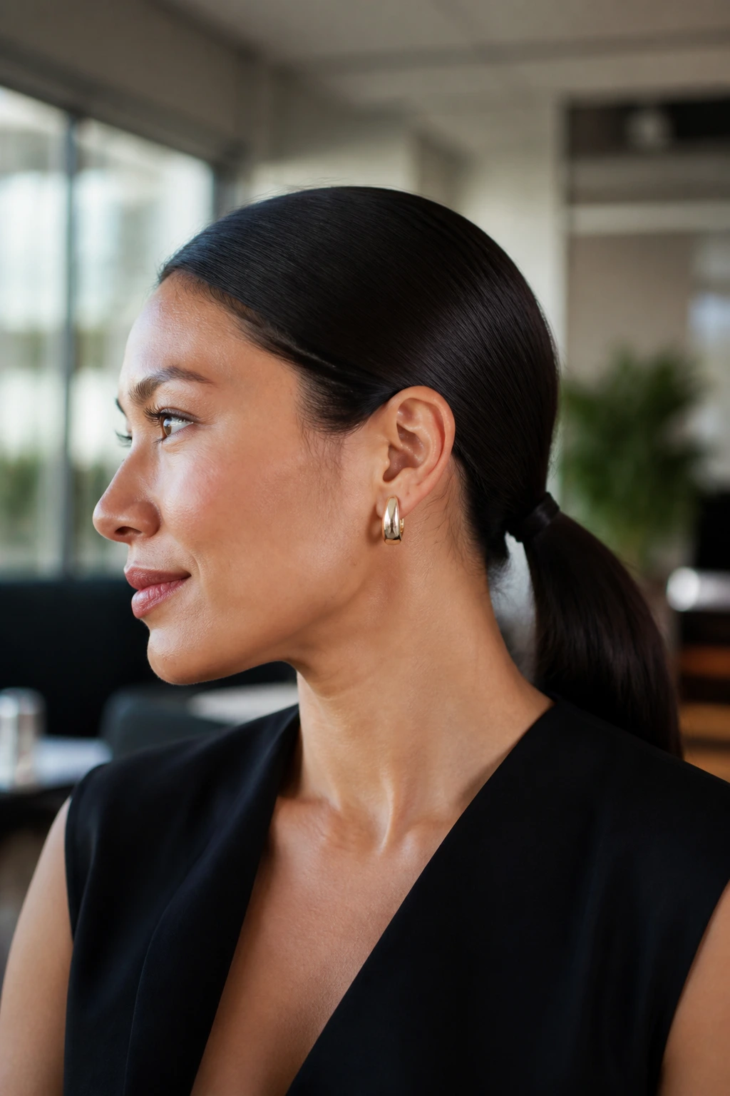 Close-up of a woman with a sleek low ponytail at the nape