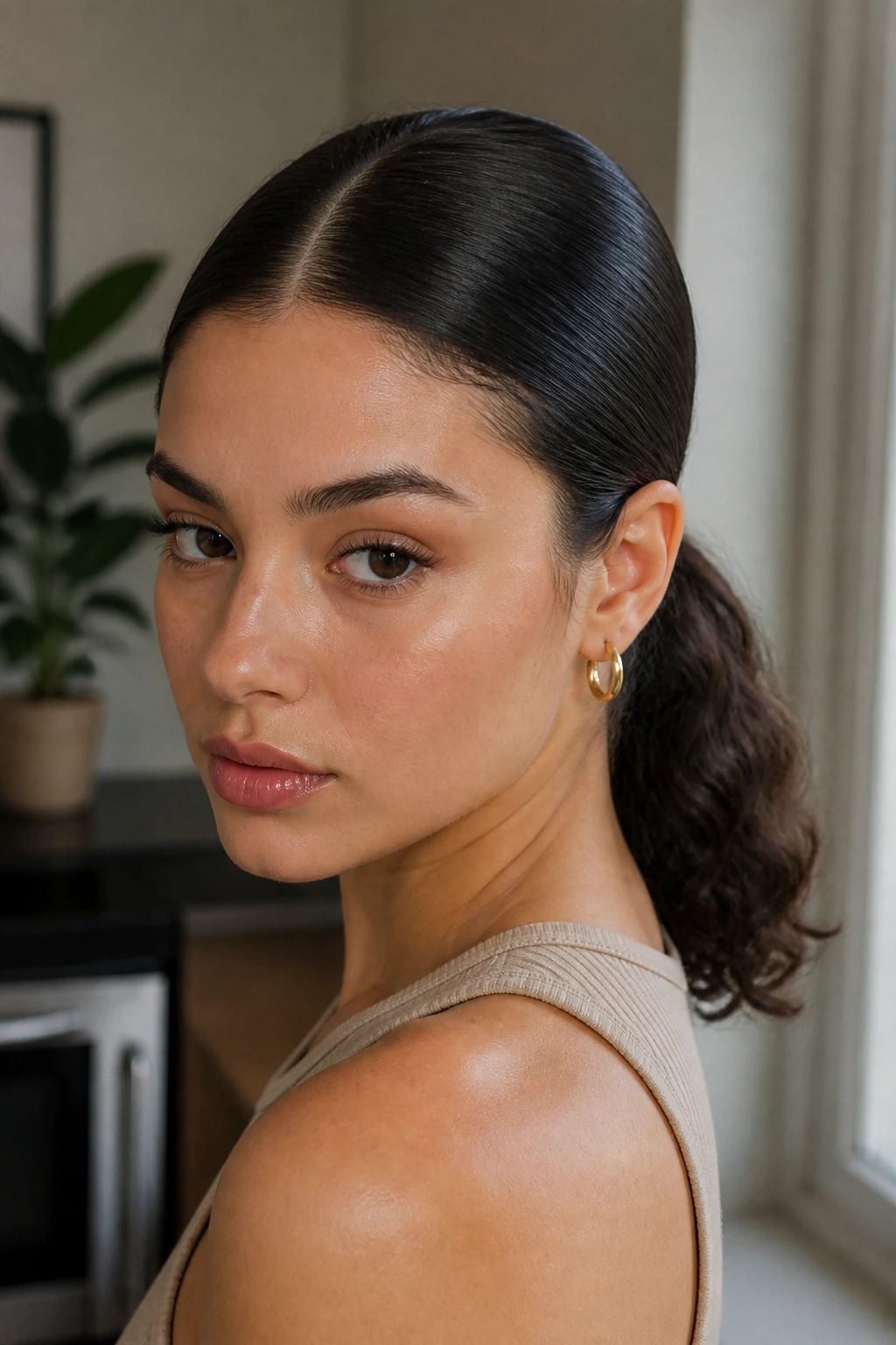 Close-up of a real woman with a center-part sleek low ponytail.