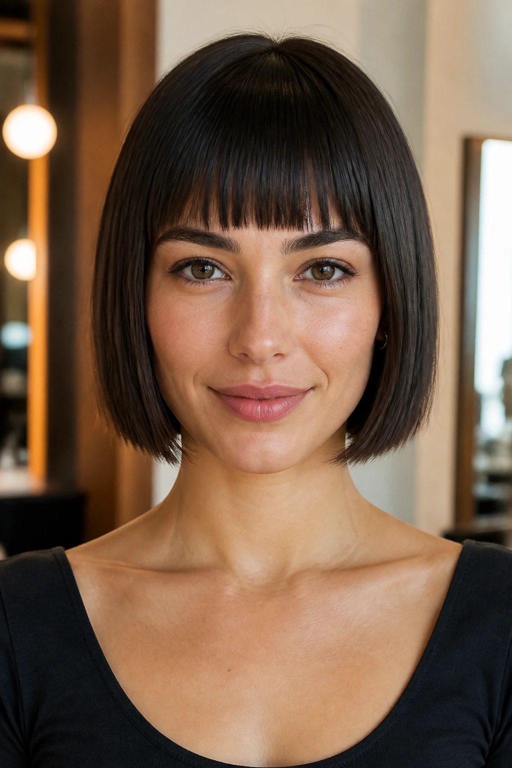 Close-up of a real woman with sleek razor bob and blunt fringe under warm salon lighting