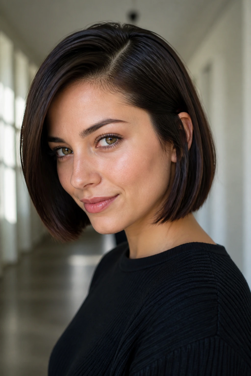 Close-up of a real woman with a sleek side-part bob and a clear diagonal part.