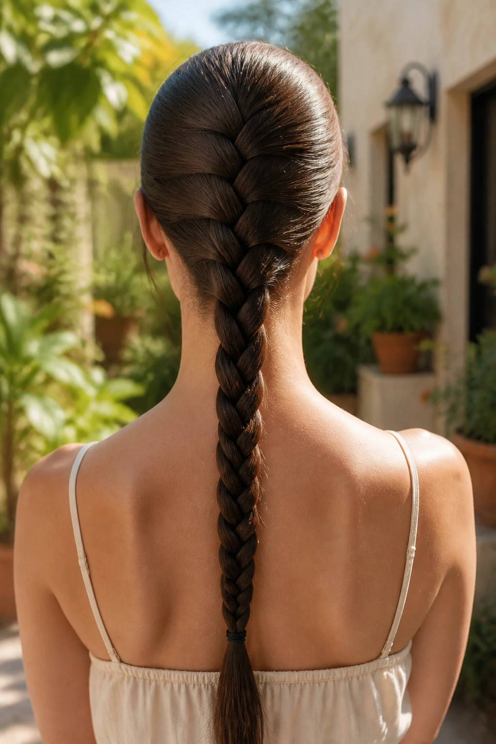 Back view of a woman with a straight, sleek braid down the back