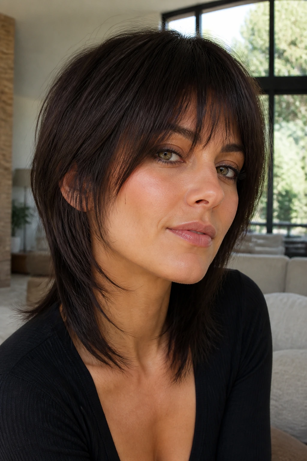 Close-up of a real woman with a sleek straight shag hairstyle