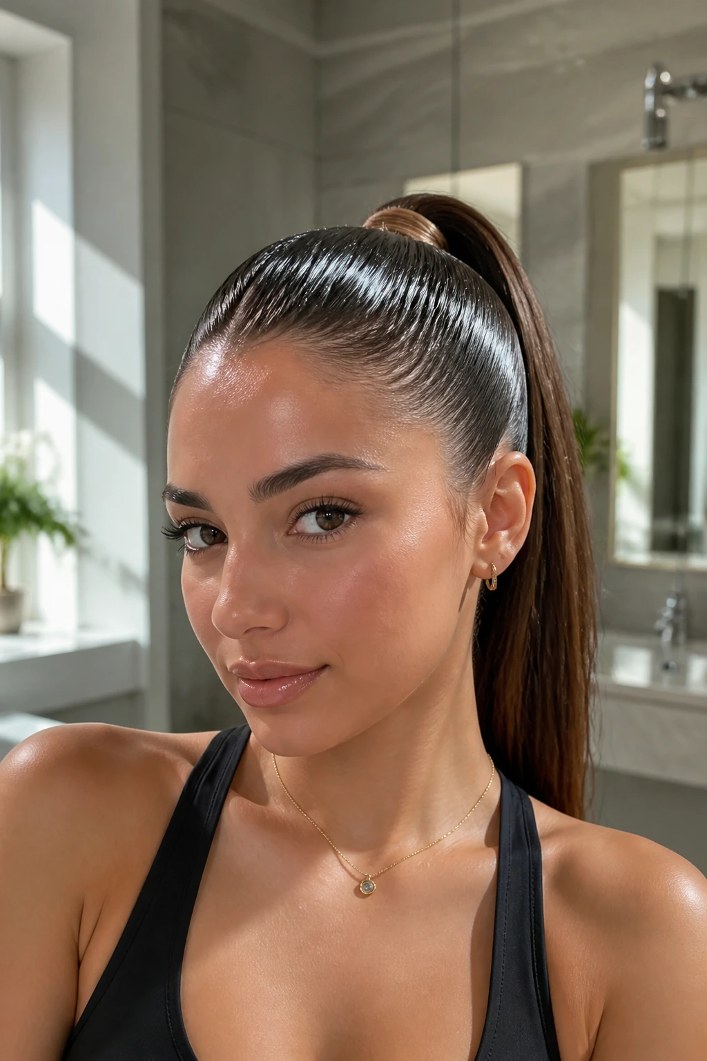 Close-up of a real woman with a glossy slicked-back high ponytail