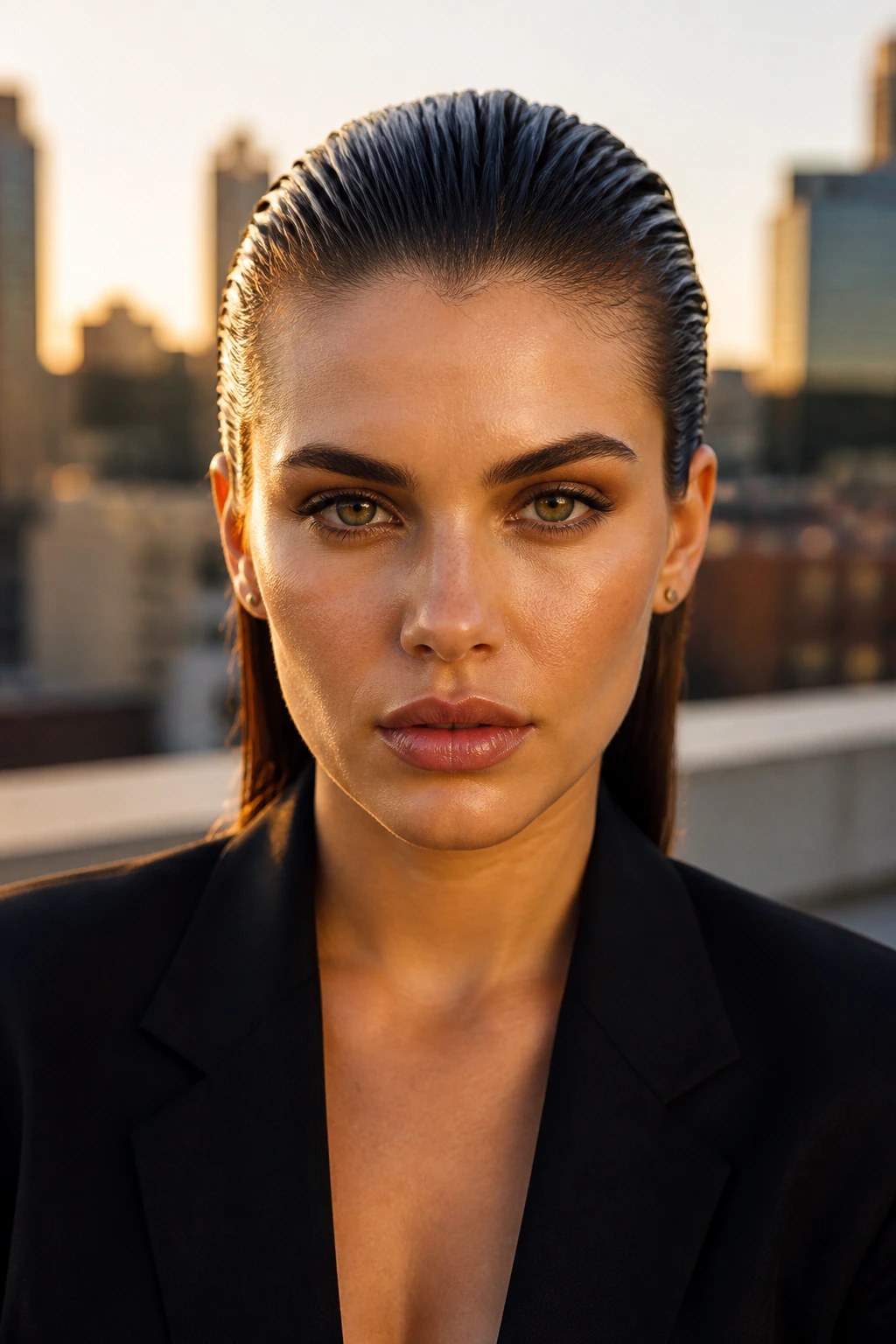 Portrait of a person with slicked-back wet-look hair in golden hour light