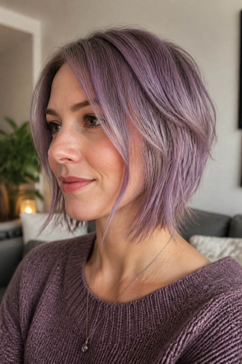 Close-up of a real person with a smoky lilac layered bob