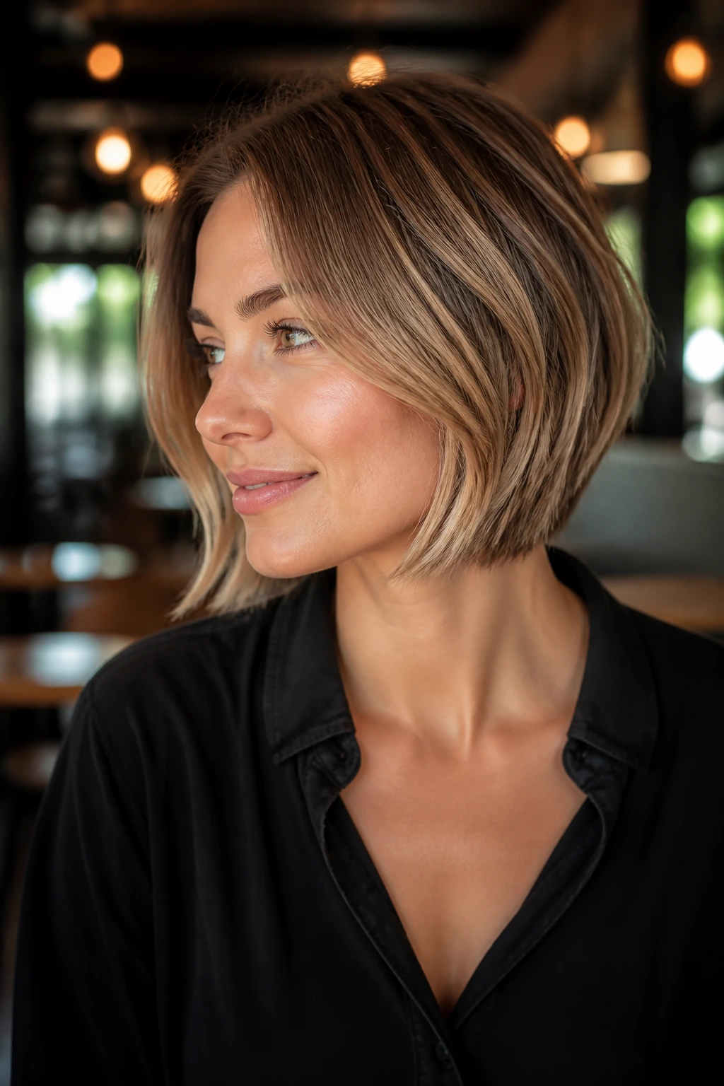 Close-up portrait of a real woman with a soft A-line bob showing subtle movement