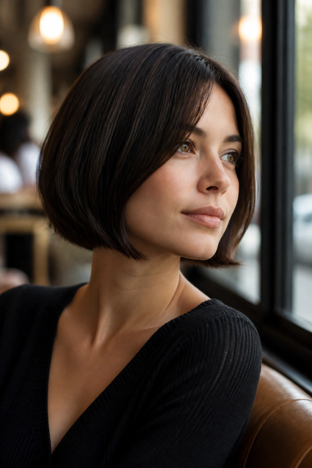 Close-up of a real woman with a soft blunt bob and tapered ends