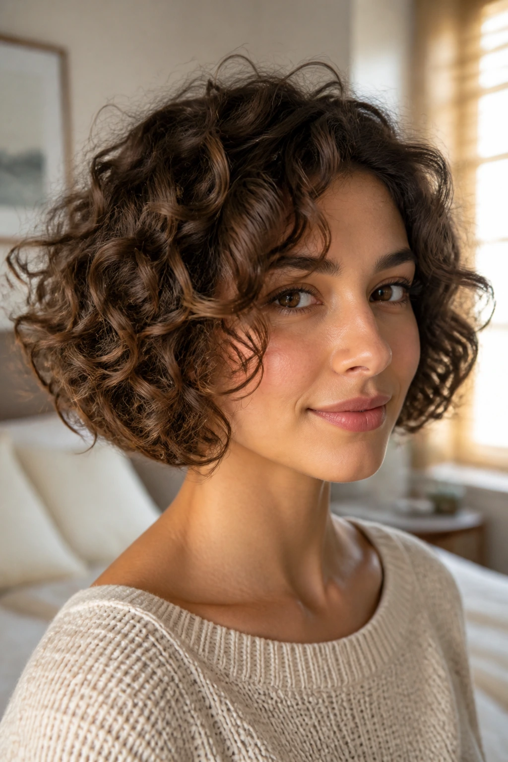 Close-up of real woman with a soft curly bob and invisible interior layers, warm window light