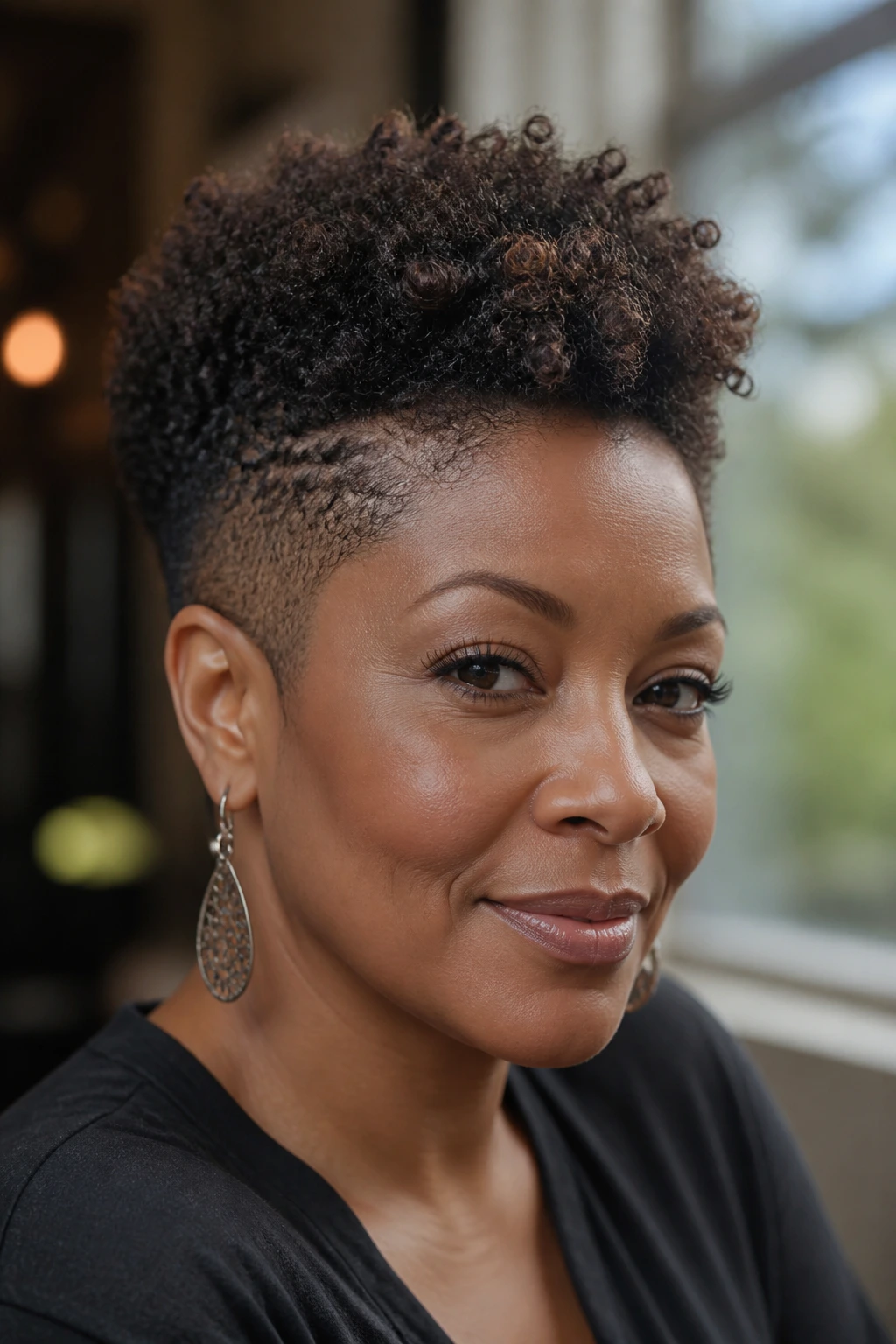 Close-up portrait of a real woman with a soft frohawk