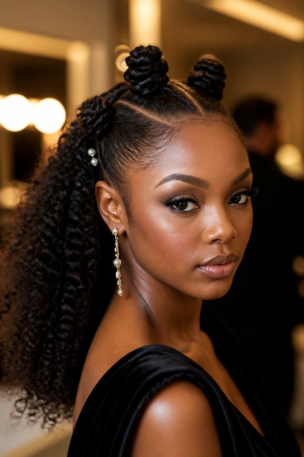 Close-up of soft glam bantu knots at crown with polished edges and brushed-out back curls