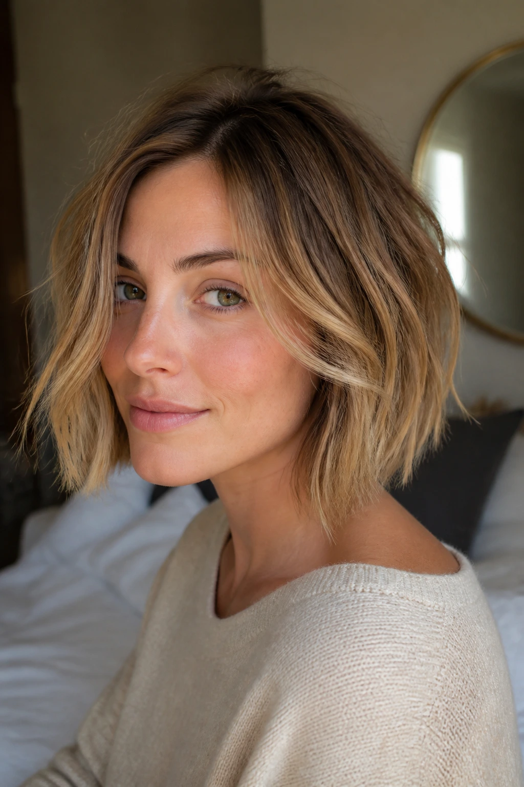 Close-up portrait of a real woman with a soft grow-out bob under natural window light