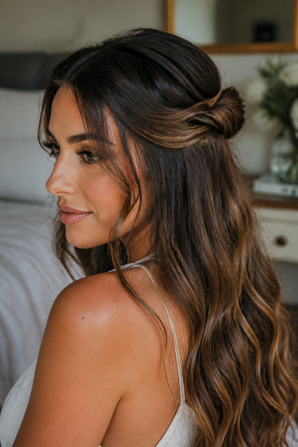 Close-up of a woman with a soft knot half-up hairstyle
