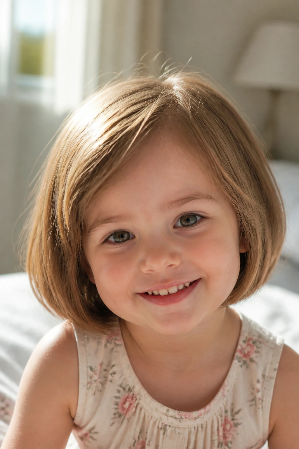 Close-up of a baby girl with a soft layered bob on fine hair in natural daylight
