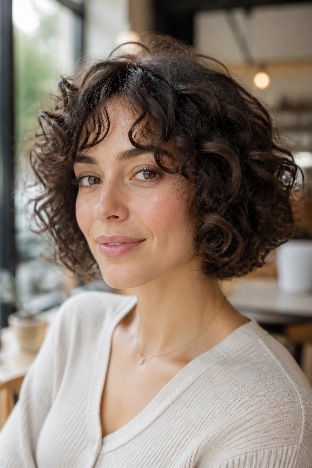 Real woman with a soft layered curly bob in bright daylight