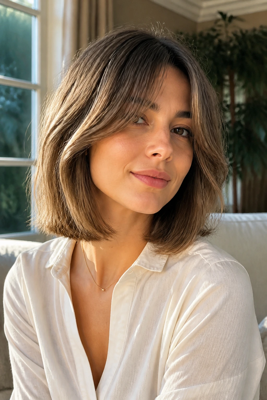 Real woman with soft layered lob and curtain bangs in warm window light.