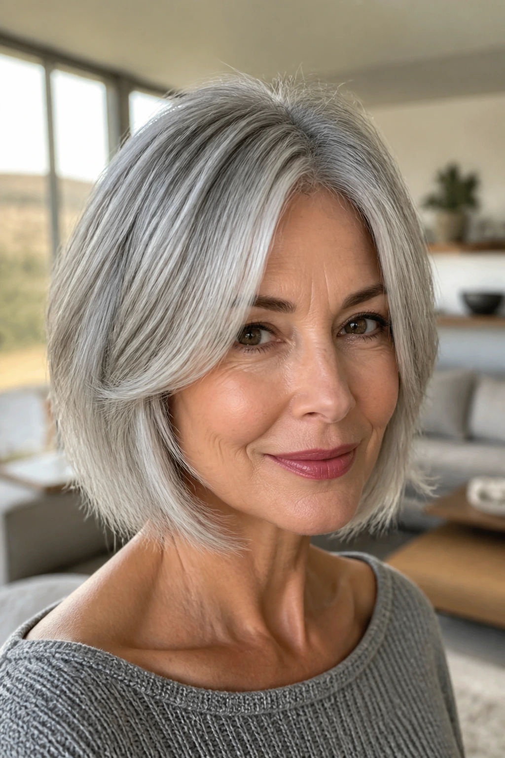 Close-up portrait of a real woman with a soft layered silver bob and face-framing pieces
